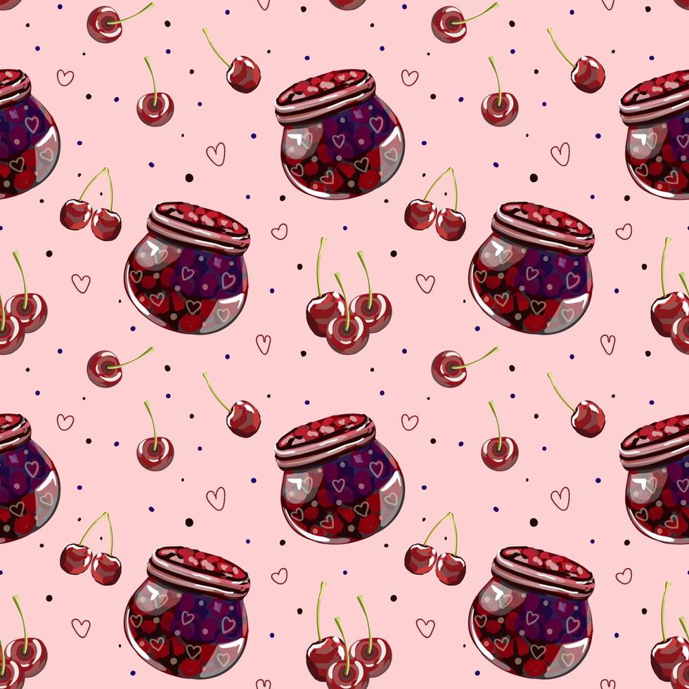 Cherry jam and berries, seamless pattern on a pink background. Template for packaging, kitchen wallpaper, textiles, packaging paper, decorations, etc. vector