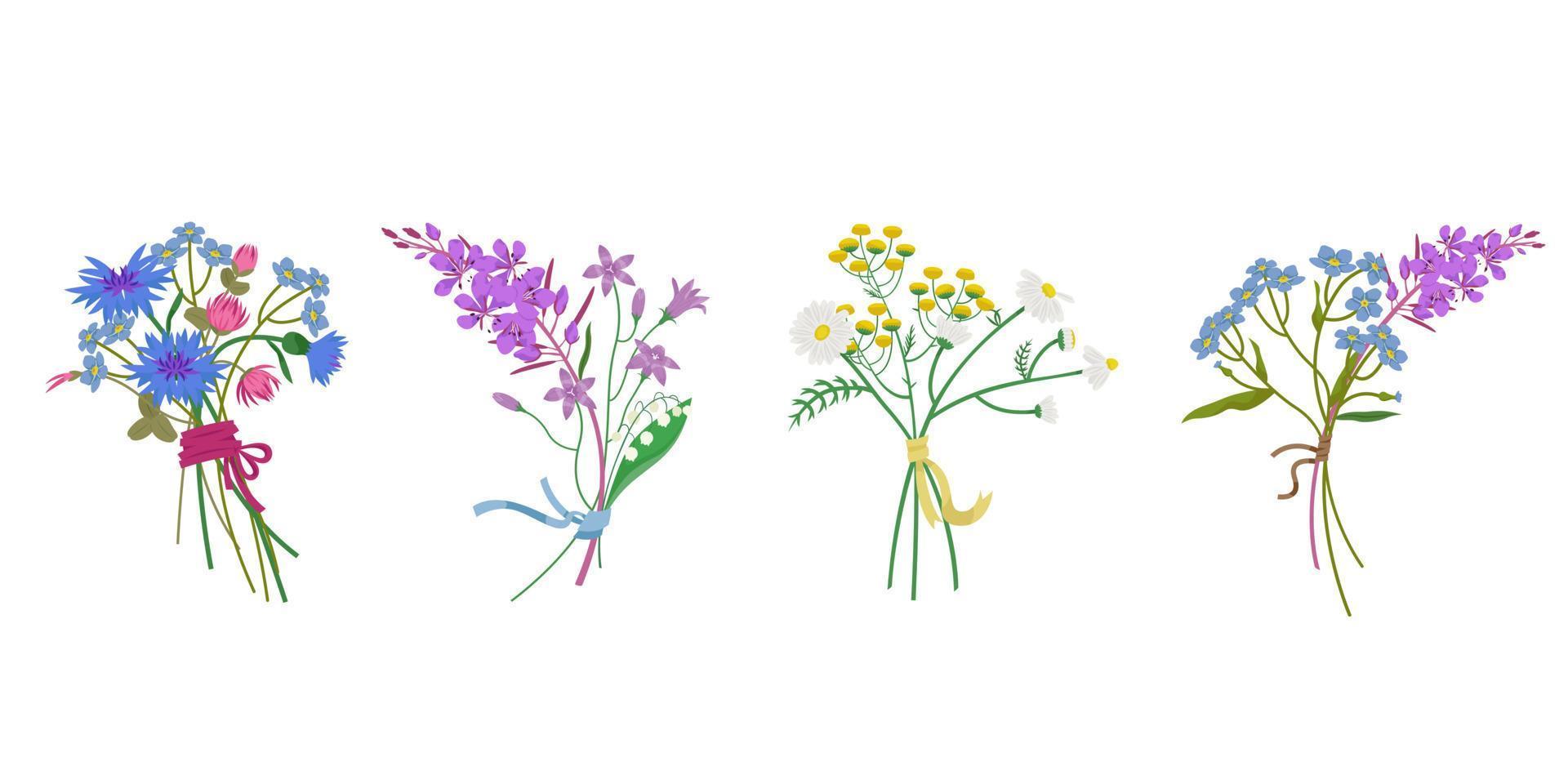 conjunto de ramos de flores silvestres. flores diferentes en estilo de dibujos animados. vector