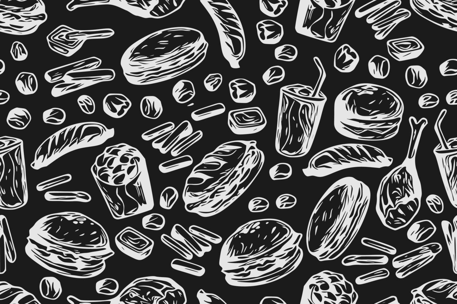 Vector vintage fast food seamless pattern. Hand drawn monochrome junk food illustration with pizza, burger, french fries and hot dog. Great for menu, poster or restaurant background.