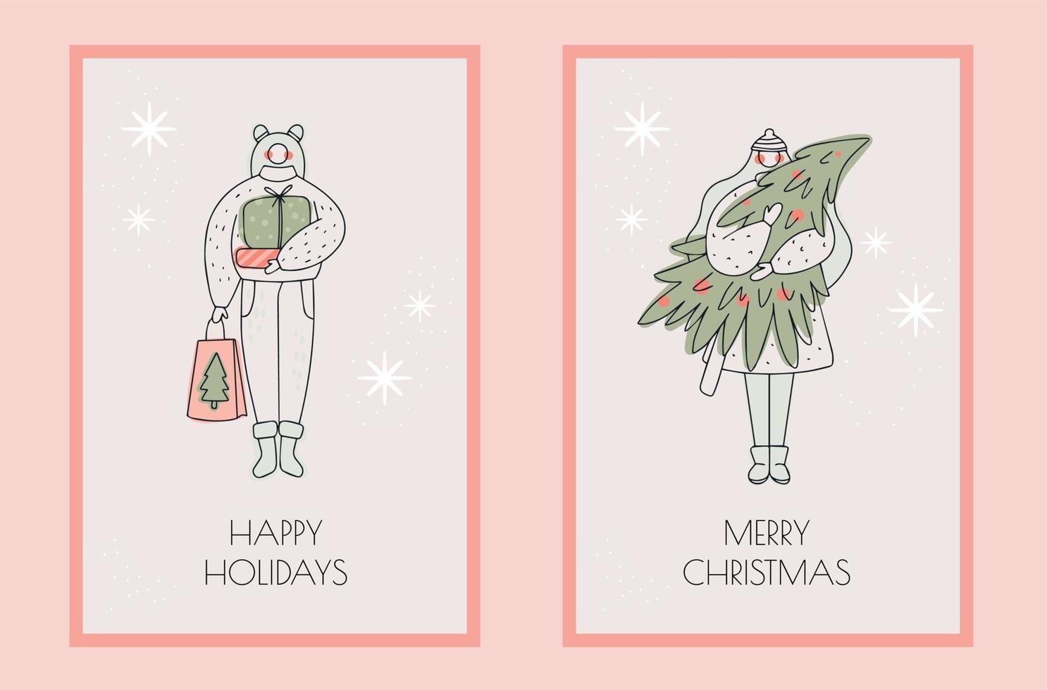 Esquema de mujeres con regalos y tarjeta de felicitación de árbol de Navidad vector