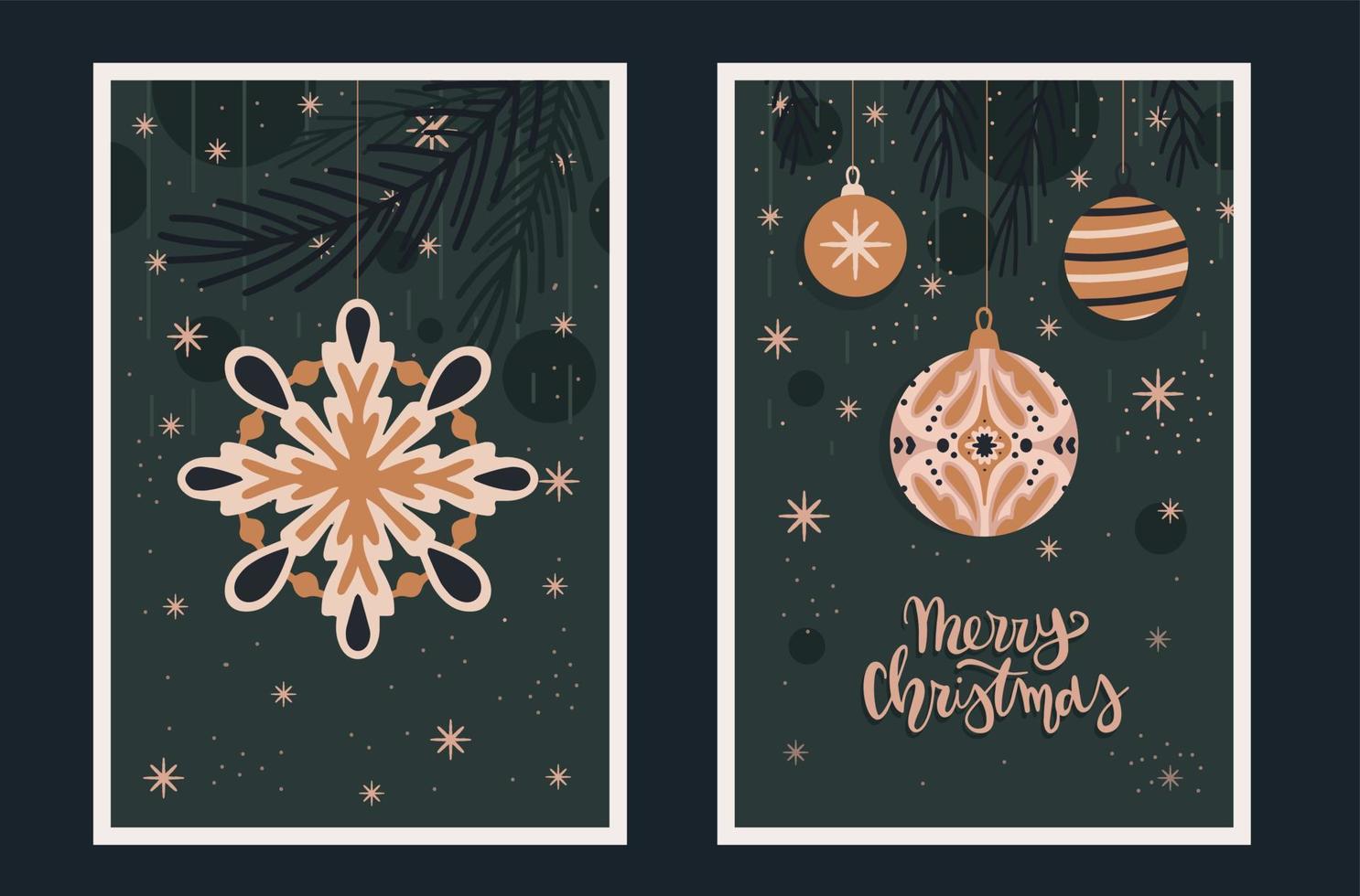 Merry Christmas greeting card set in Scandinavian style. Retro ornamental traditional Christmas baubles. Hand drawn winter Holidays background vector