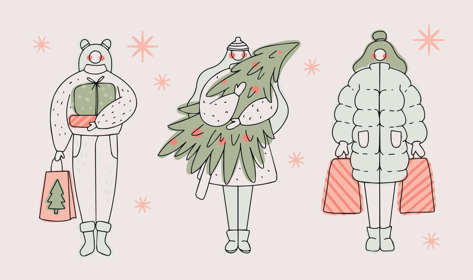 delinear a las mujeres con regalos y árboles de navidad. concepto de compras en vacaciones de invierno vector