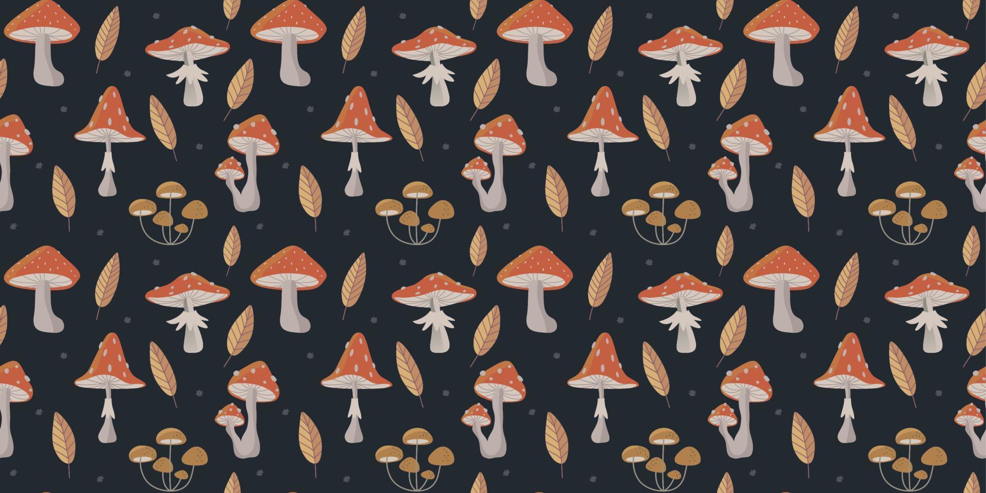Hand drawn Seamless pattern of forest mushrooms. Vector amanita mushroom
