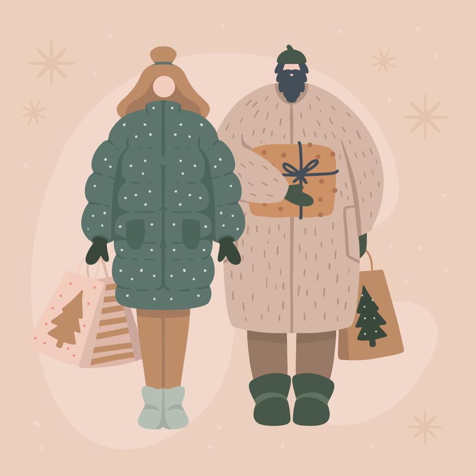 pareja feliz comprando y sosteniendo bolsas y regalos de navidad. celebración familiar de navidad. concepto de compras en vacaciones de invierno vector