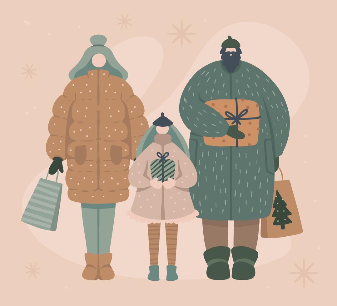 Happy family buying and holding Christmas gifts and bag. A child with Father and Mother Christmas celebration. Shopping on winter holidays concept vector