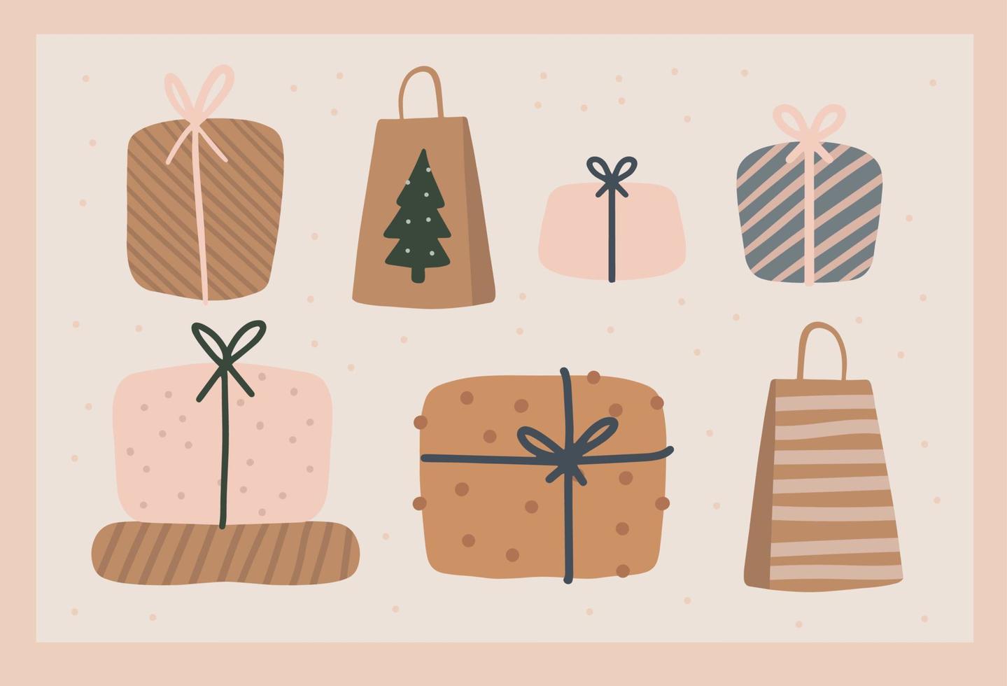 conjunto de cajas y bolsas de regalos orgánicos de navidad. garabato, mano, dibujado, ilustración vector