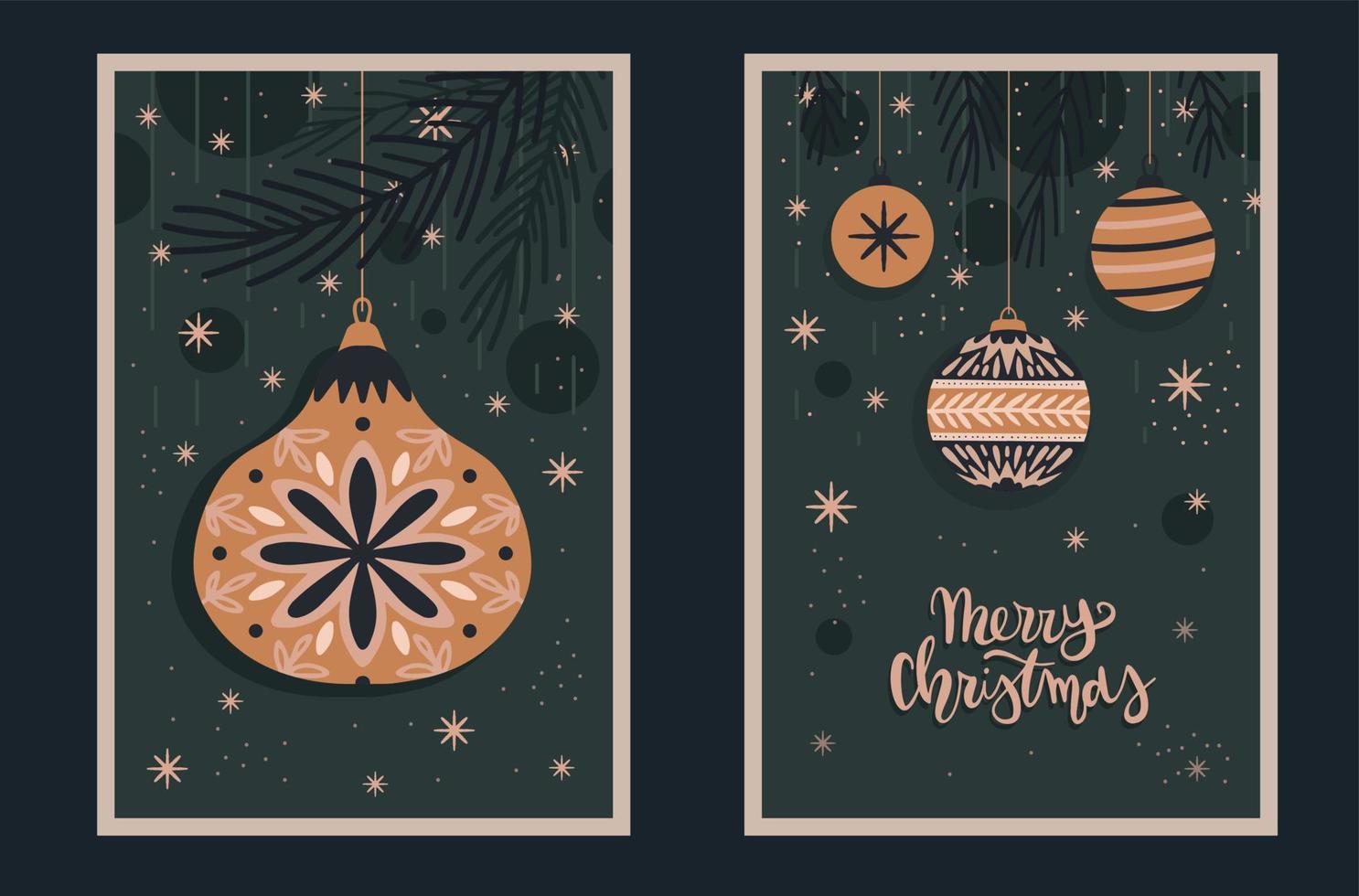 Merry Christmas greeting card set in Scandinavian style. Retro ornamental traditional Christmas baubles. Hand drawn winter Holidays background vector