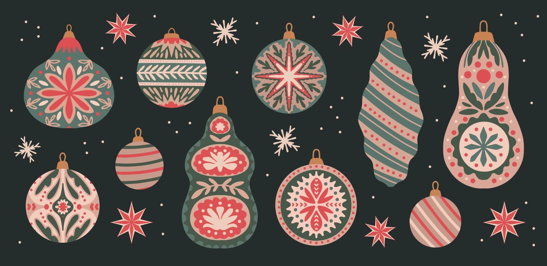 Big set of ornamental traditional Christmas baubles in Scandinavian style. Retro hand drawn different Christmas balls vector