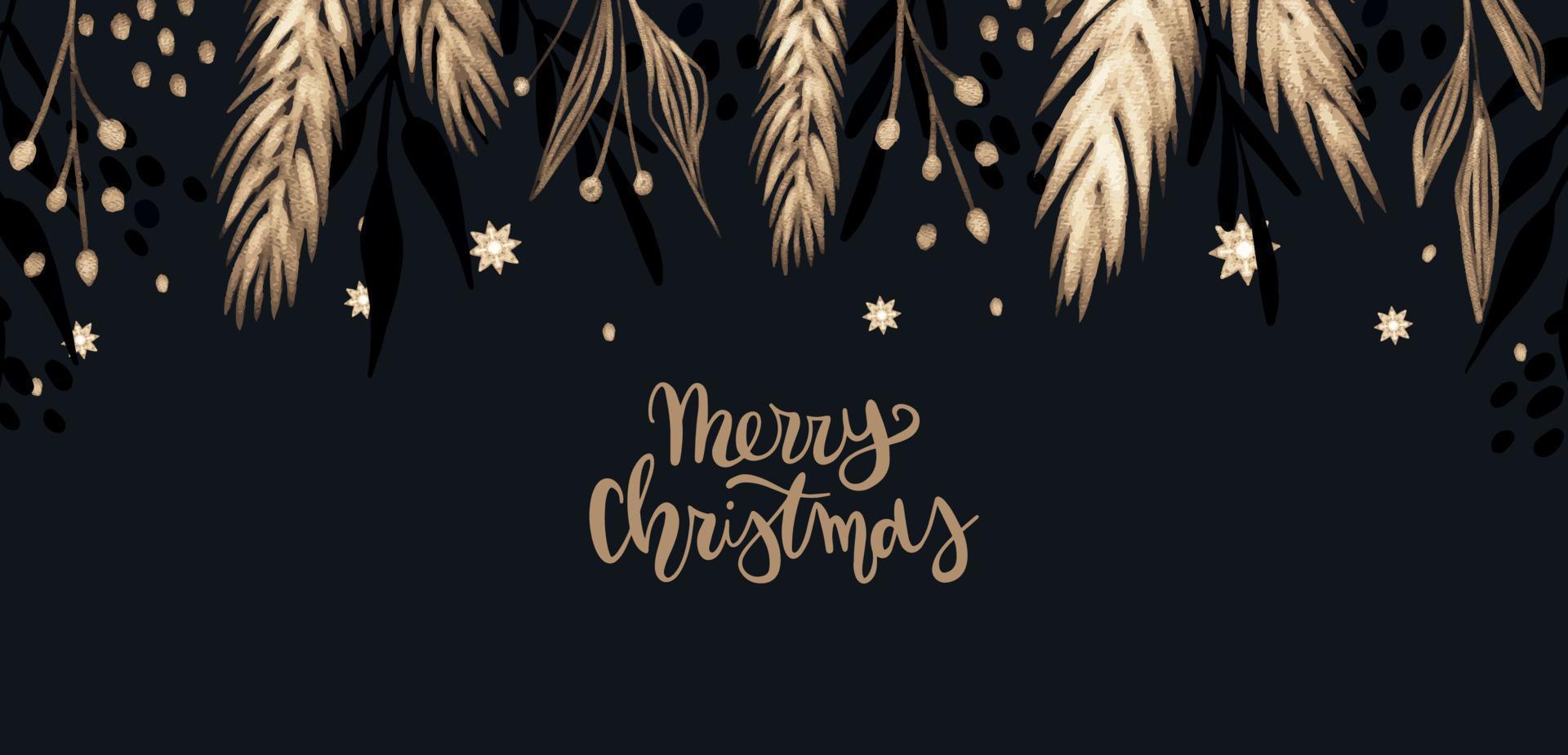fondo de navidad dibujado a mano oscura con ramas y hojas doradas. banner de lujo de vacaciones de invierno vector