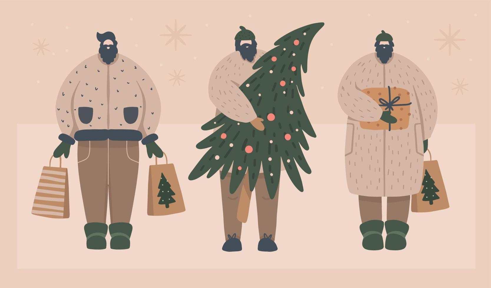 conjunto de personajes que compran regalos en la venta de navidad. concepto de compras en vacaciones de invierno vector
