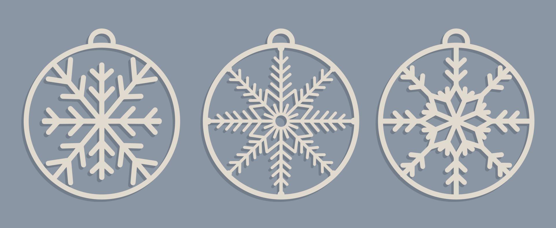 conjunto de plantillas de adornos navideños cortados con láser. árbol de navidad decoraciones de madera bolas con copos de nieve vector