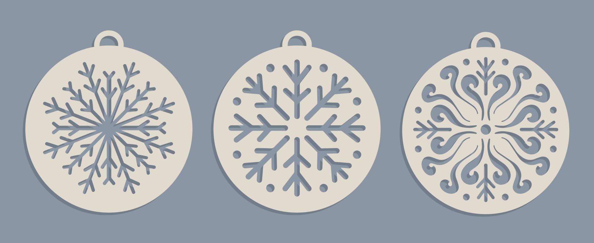 Set of Laser cut Christmas baubles Templates. Christmas tree wood decorations balls with snowflakes vector