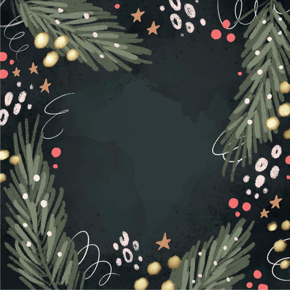 Dark Hand drawn Christmas background with Branches and leaves. Winter Holidays banner vector