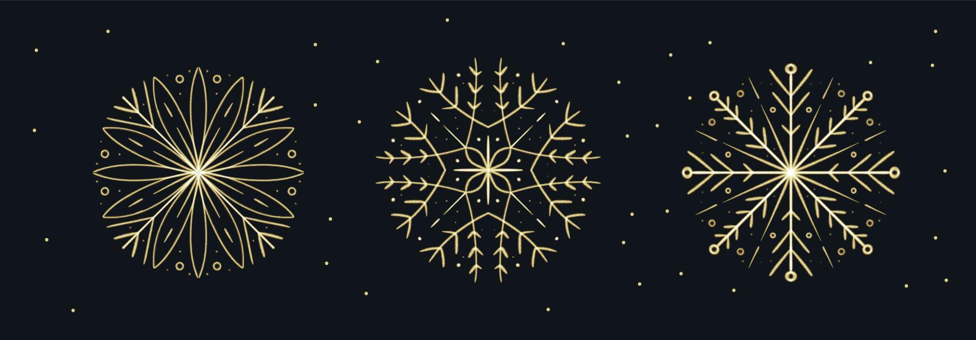 Set of brushstroke hand drawn Gold Snowflakes for Christmas design. Winter Holidays isolated elements vector