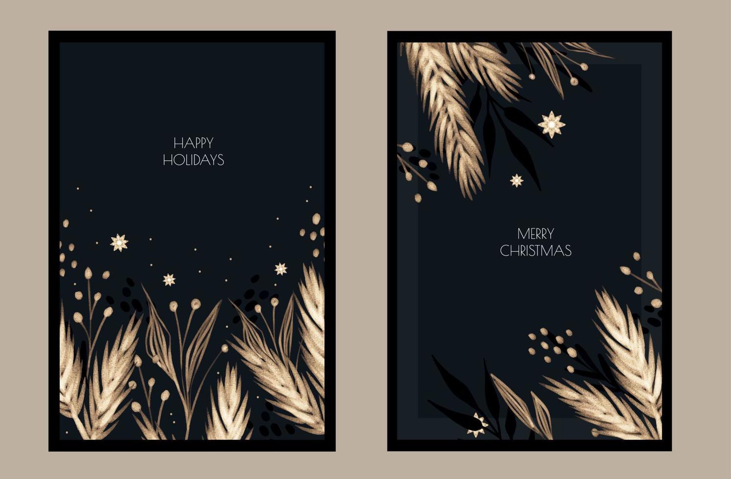 conjunto de tarjetas de felicitación navideñas dibujadas a mano oscura con ramas y hojas doradas. fondo de lujo de vacaciones de invierno vector