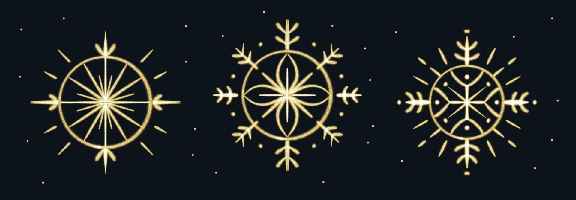 Set of brushstroke hand drawn Gold Snowflakes for Christmas design. Winter Holidays isolated elements vector