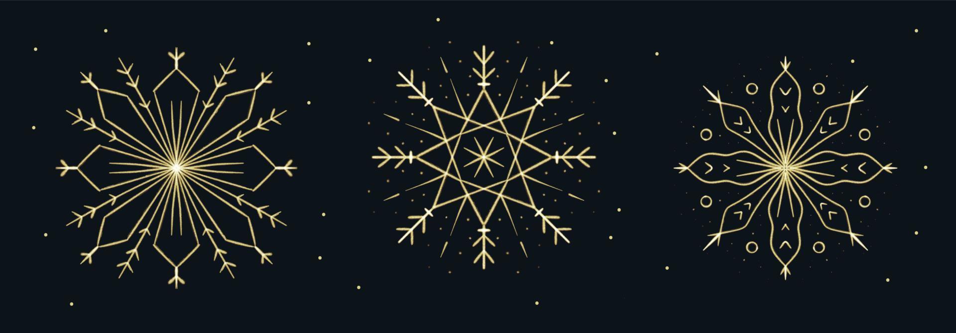 Set of brushstroke hand drawn Gold Snowflakes for Christmas design. Winter Holidays isolated elements vector