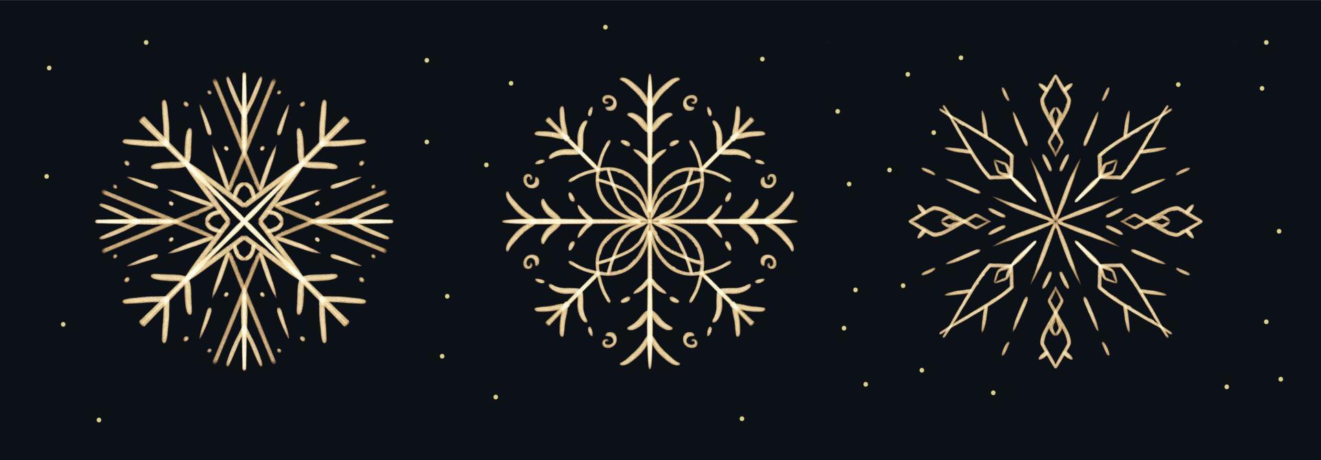conjunto de copos de nieve dorados dibujados a mano con pinceladas para el diseño navideño. vacaciones de invierno elementos aislados vector