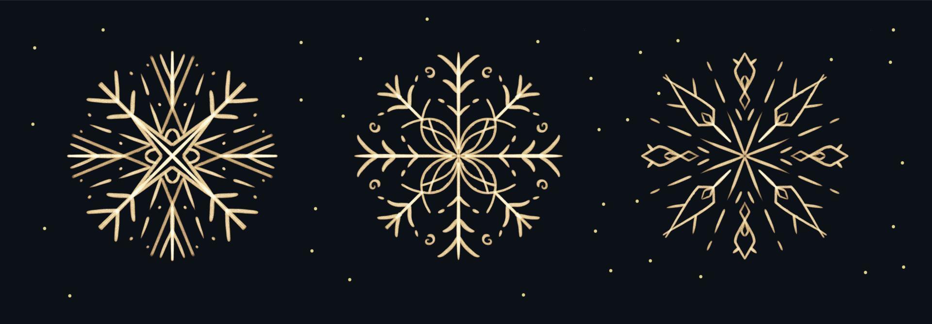 Set of brushstroke hand drawn Gold Snowflakes for Christmas design. Winter Holidays isolated elements vector