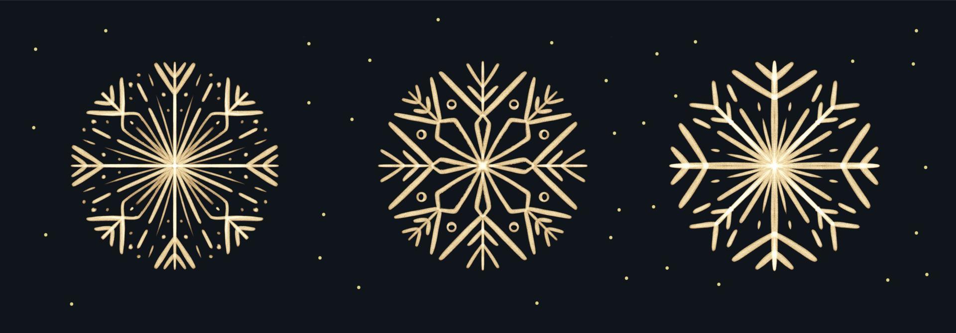 Set of brushstroke hand drawn Gold Snowflakes for Christmas design. Winter Holidays isolated elements vector