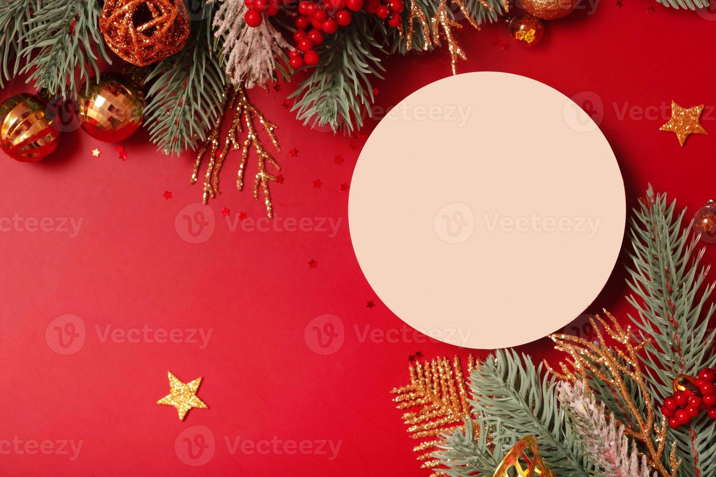 Mock up podium or pedestal for skincare beauty products and Christmas decorations top view on red background photo