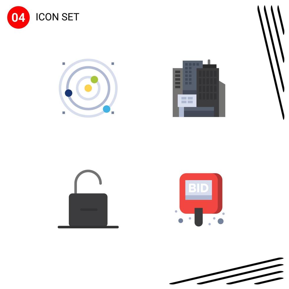 4 Universal Flat Icons Set for Web and Mobile Applications orbit padlock solar system building security Editable Vector Design Elements