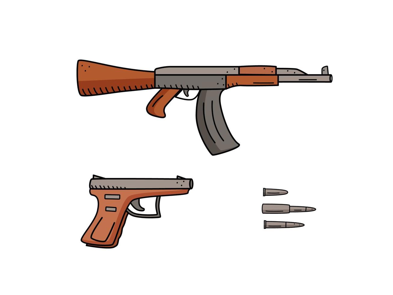 automático y pistola con balas y proyectiles, vector de icono de armas de fuego. las armas militares se aíslan en blanco.