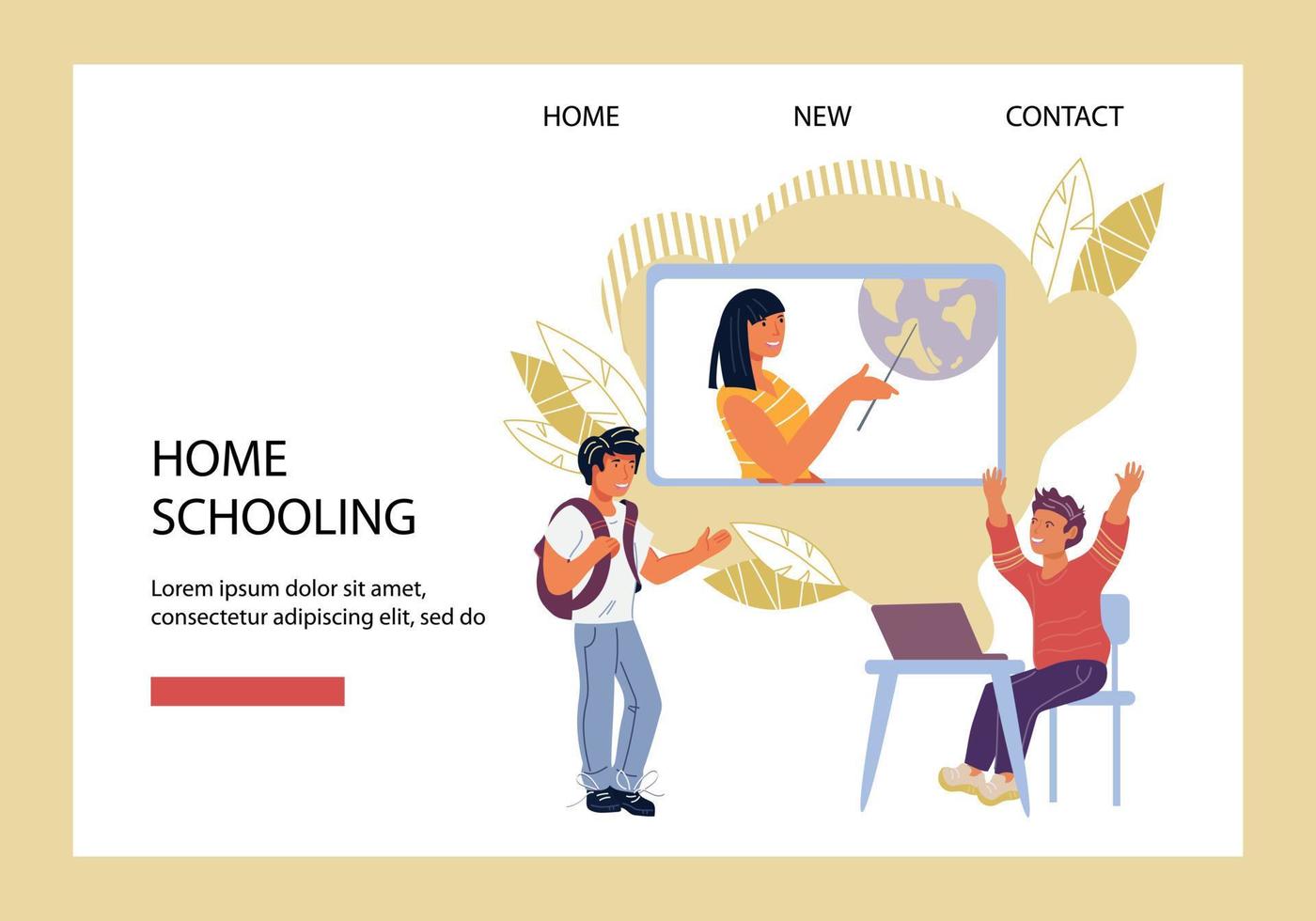 Children homeschooling or distance computer education, e-learning website interface template with teacher and child characters. Landing page of internet courses for children. Flat vector illustration.