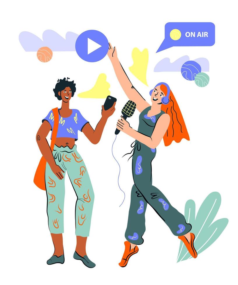 Blogging and bloggers review concept with women characters leading internet social media broadcast. Online blog and content for followers attraction. Cartoon vector illustration isolated.