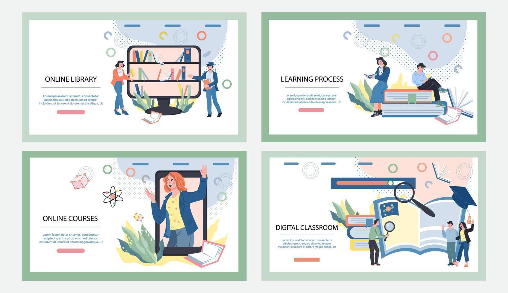 banners de sitios web de educación en línea y aprendizaje electrónico en línea con personajes de personas. plantilla de páginas de inicio de cursos de educación a distancia, educación en el hogar y universidad en línea. ilustración vectorial plana. vector