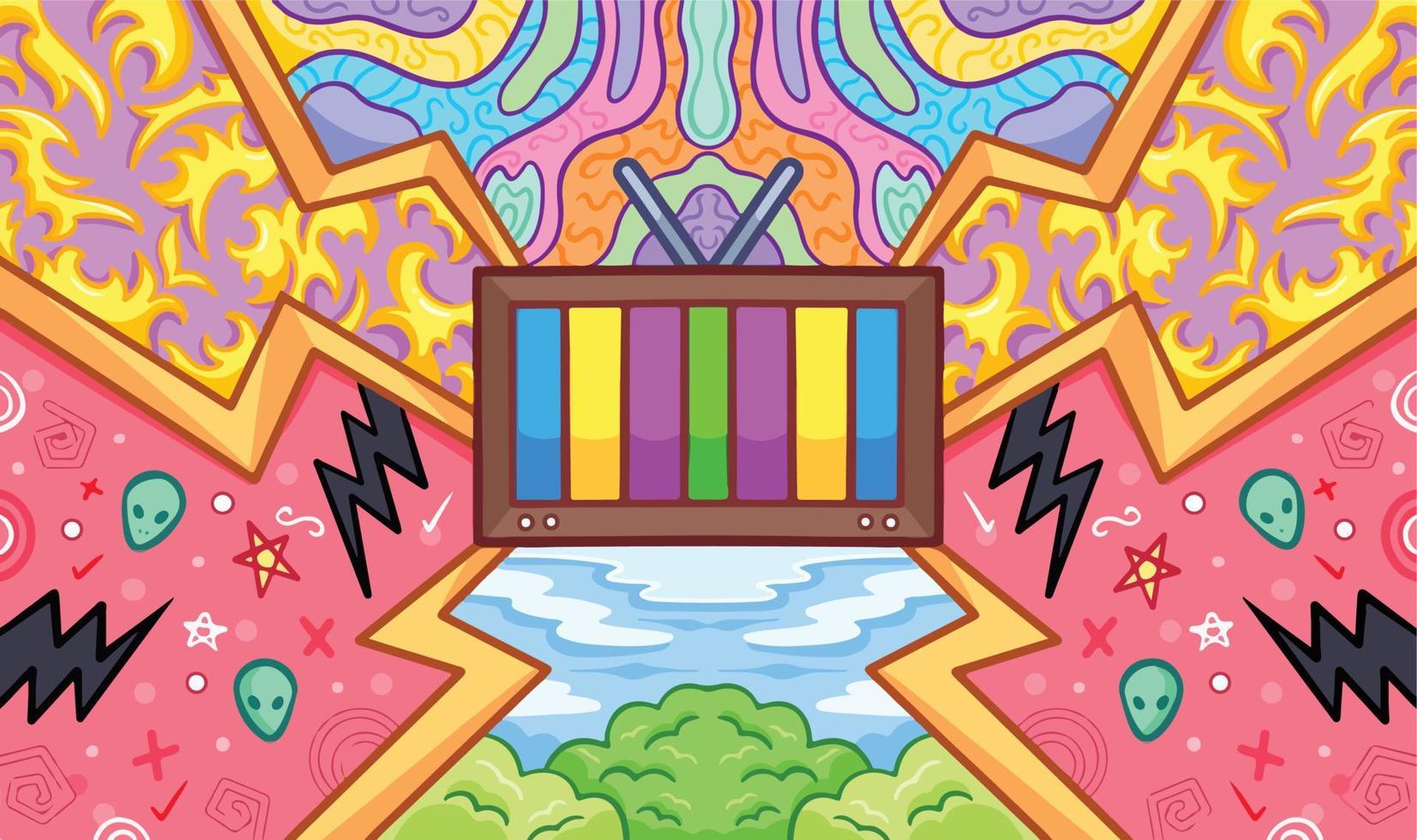 Television, the window to the world themed vector background with various doodle element. Symmetrical illustration drawing wallpaper for website or poster with flat cartoon clean line art isolated.