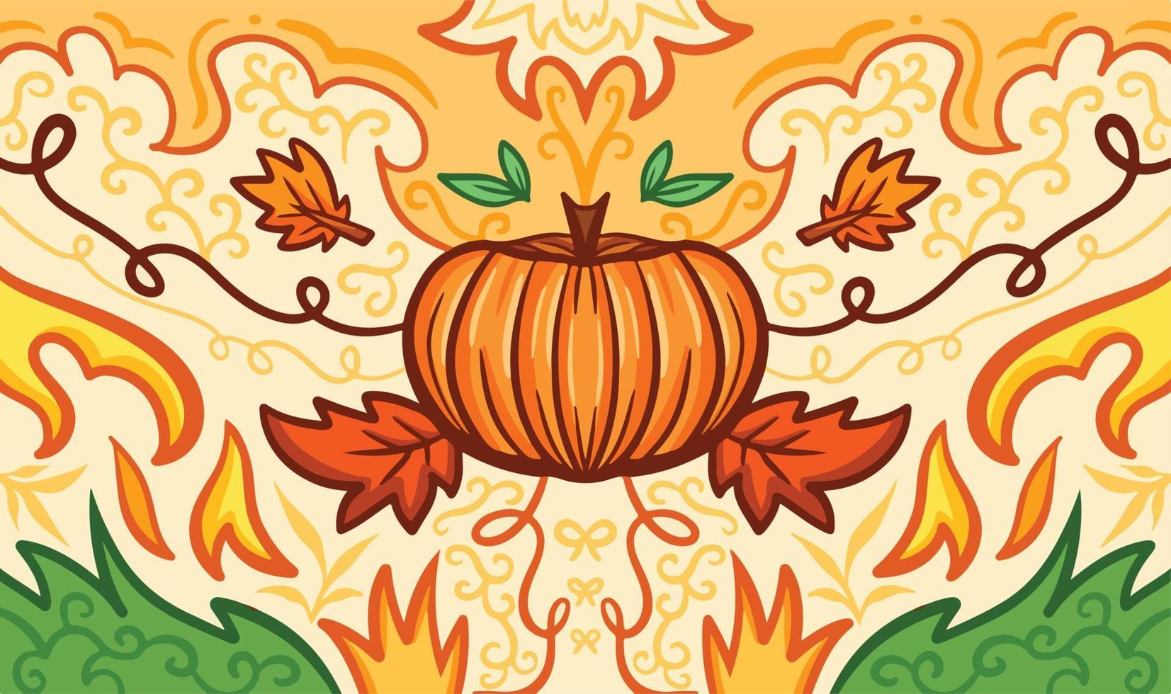 Autumn themed vector background with pumpkin decoration isolated. Symmetrical illustration drawing for thanksgiving or october to november fall season backdrop on website and poster background.