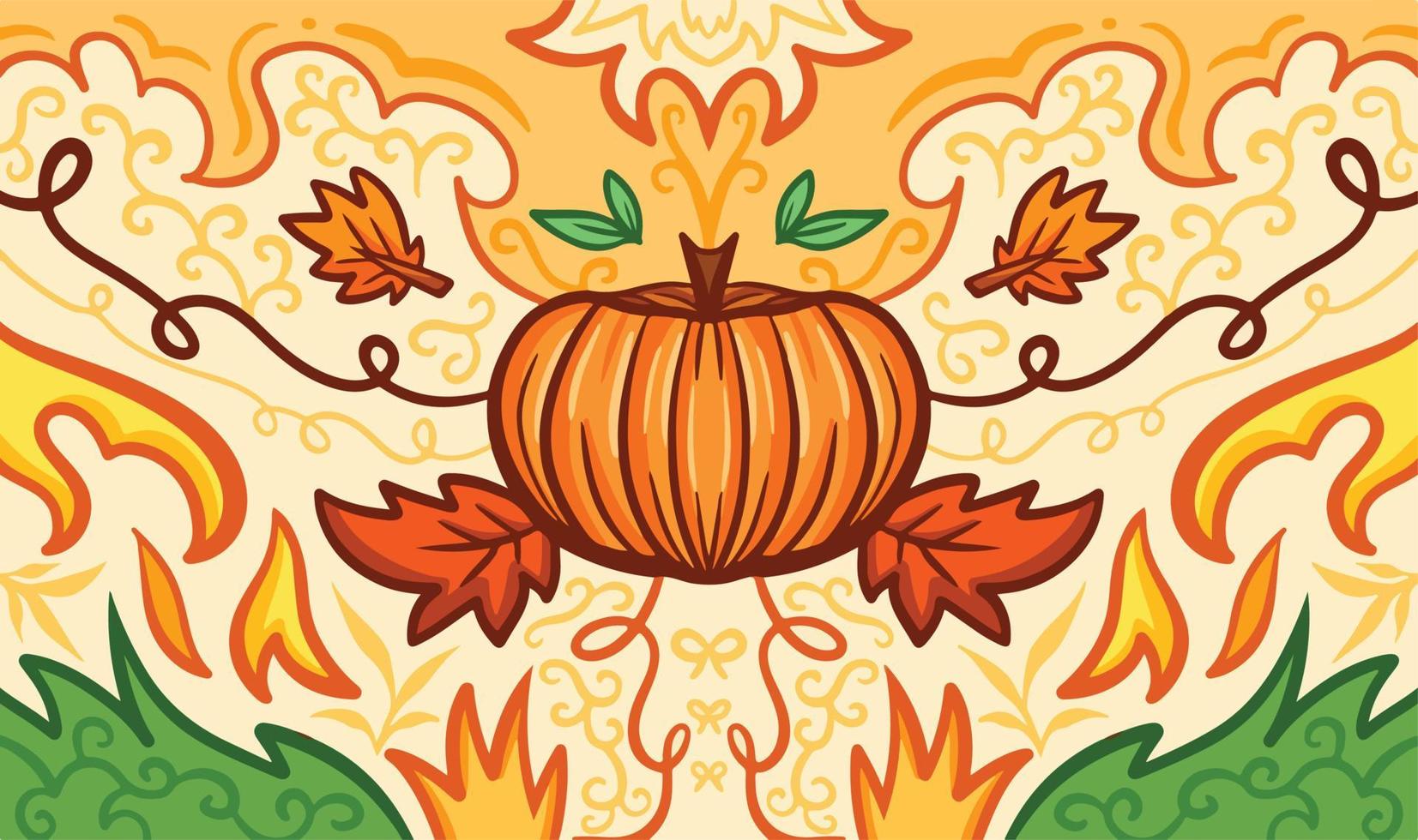 Fondo vectorial temático de otoño con decoración de calabaza aislada. dibujo ilustrativo simétrico para el día de acción de gracias o el telón de fondo de la temporada de otoño de octubre a noviembre en el sitio web y el fondo del afiche. vector