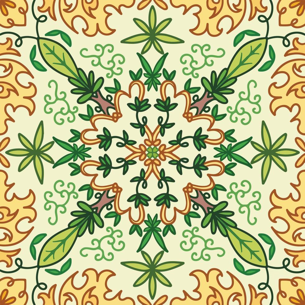 mandala de fondo de patrón simétrico cuadrado con fondo de vector de tema botánico verde natural. baldosas de papel tapiz aisladas para tarjetas de felicitación, estampados de tela y otros fines.