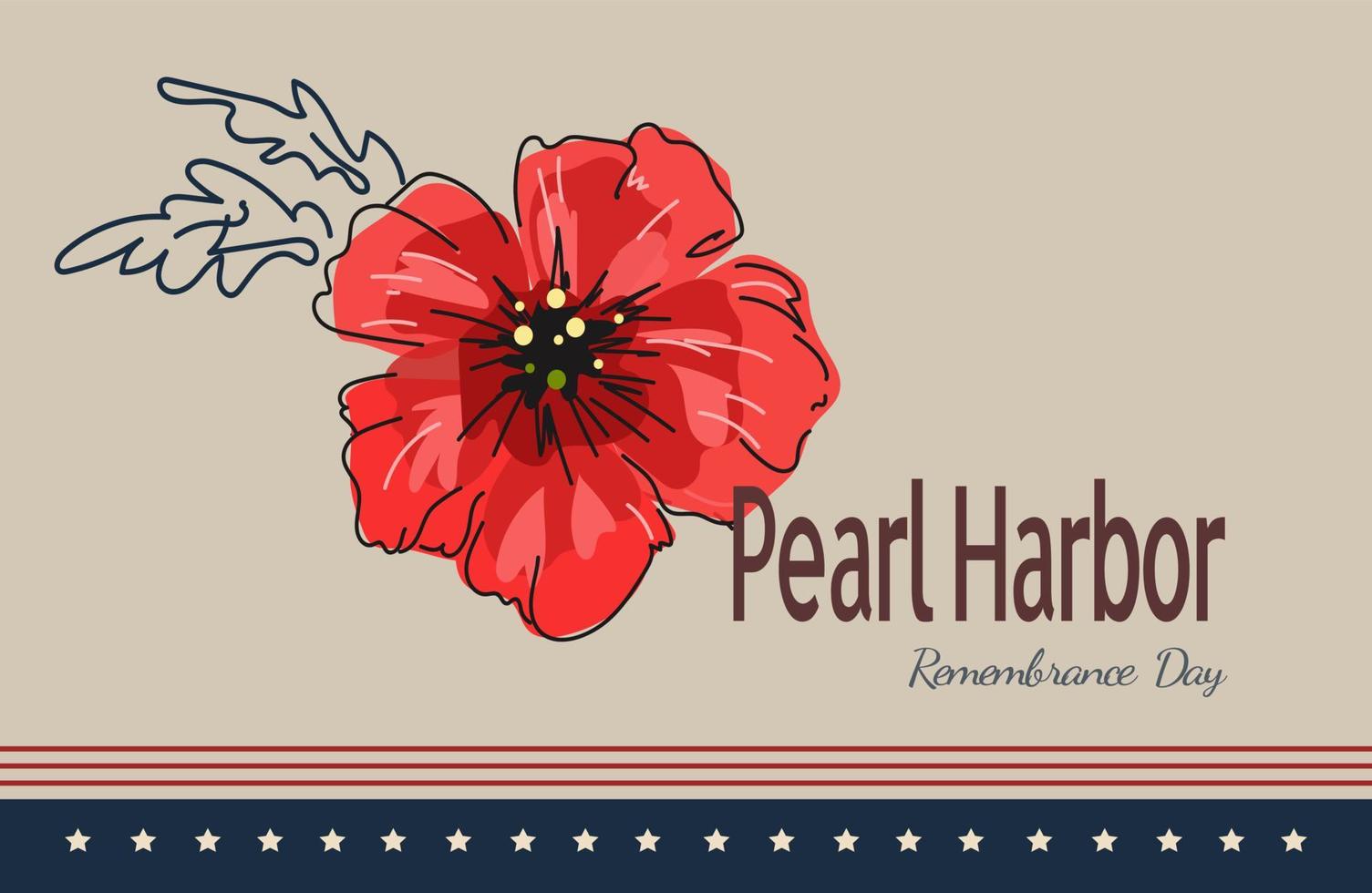 flor de amapola roja brillante, pancarta de garabatos vectoriales para el día del recuerdo de Pearl Harbor vector