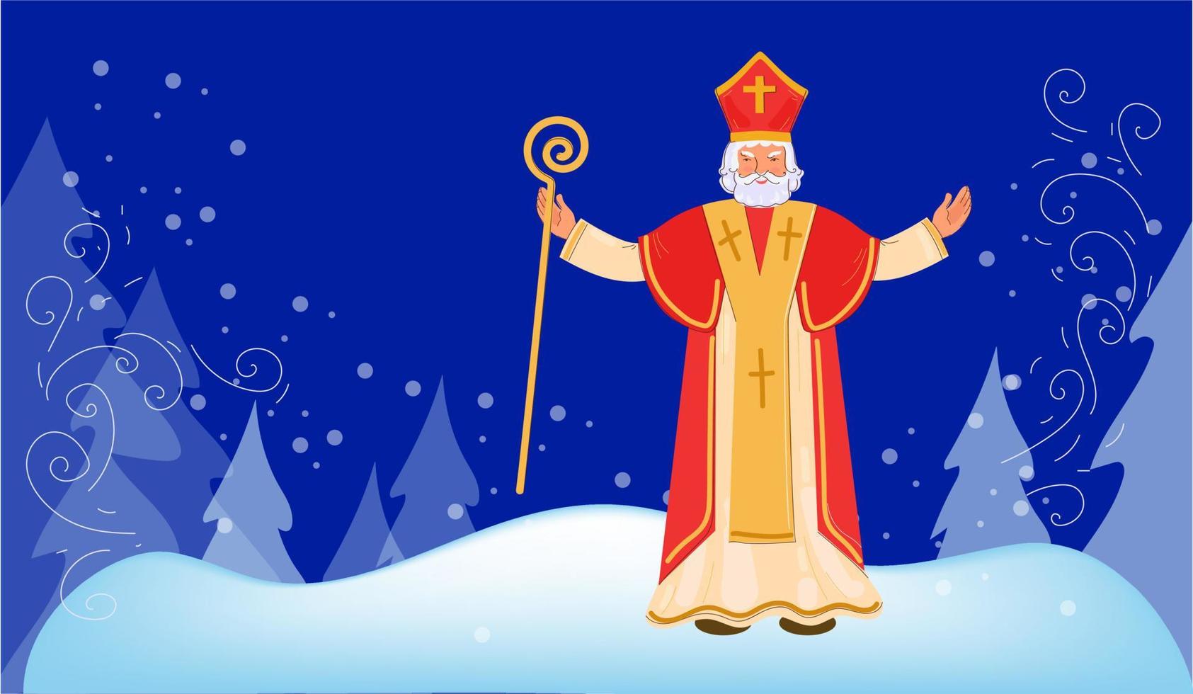 Saint Nicholas day greeting card. Banner on dark night background. Vector dppdle cartoon illustration