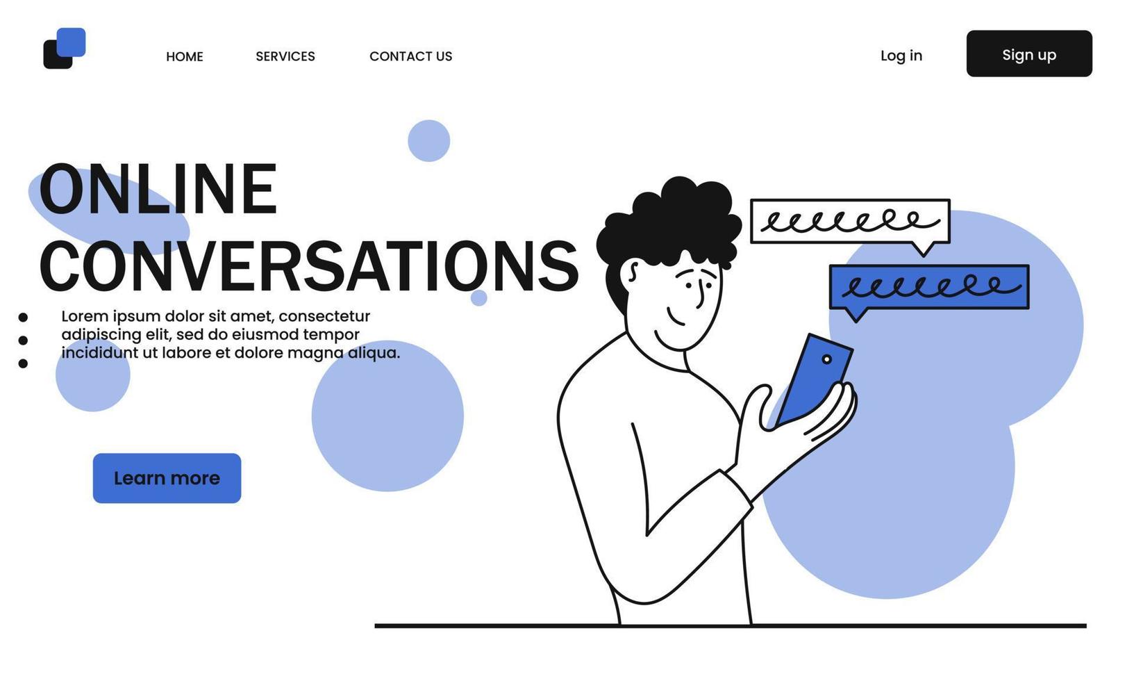 Online conversations and man chatting on mobile vector illustration concept. Network communication and video conference call. Social dialog and virtual talking on smartphone. Character and phone