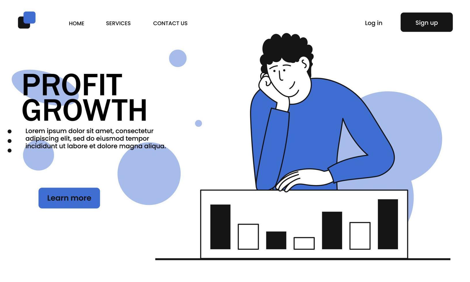 Profit growth and man looking on chart vector illustration concept. Finance success people and investment stock money. Market report and statistic analysis. Marketing bar up and high capital value