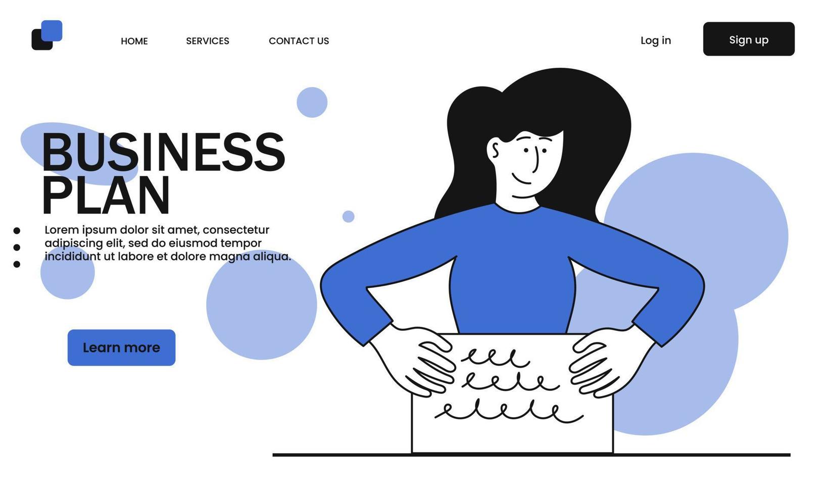 Business plan woman write vector illustration concept. Management strategy and marketing idea. Finance development and project growth . Financial organization and workflow service consulting