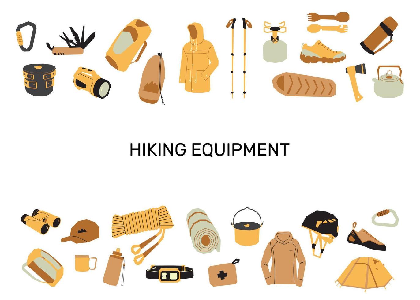 conjunto de equipos de senderismo. artículos para camping, trekking y escalada vector