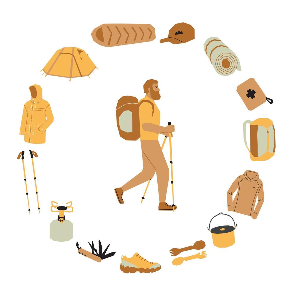 Set of hiking equipment. Items for camping and trekking vector