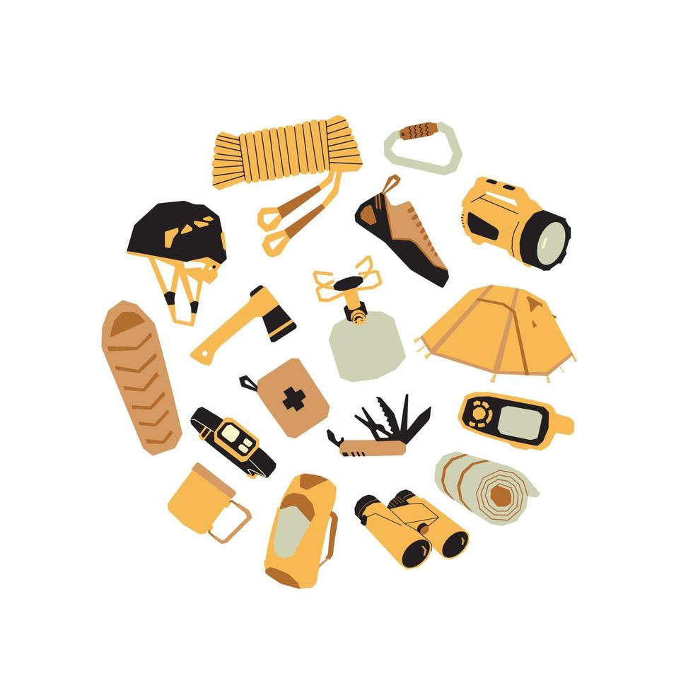 Set of hiking equipment. Items for camping, trekking and climbing vector