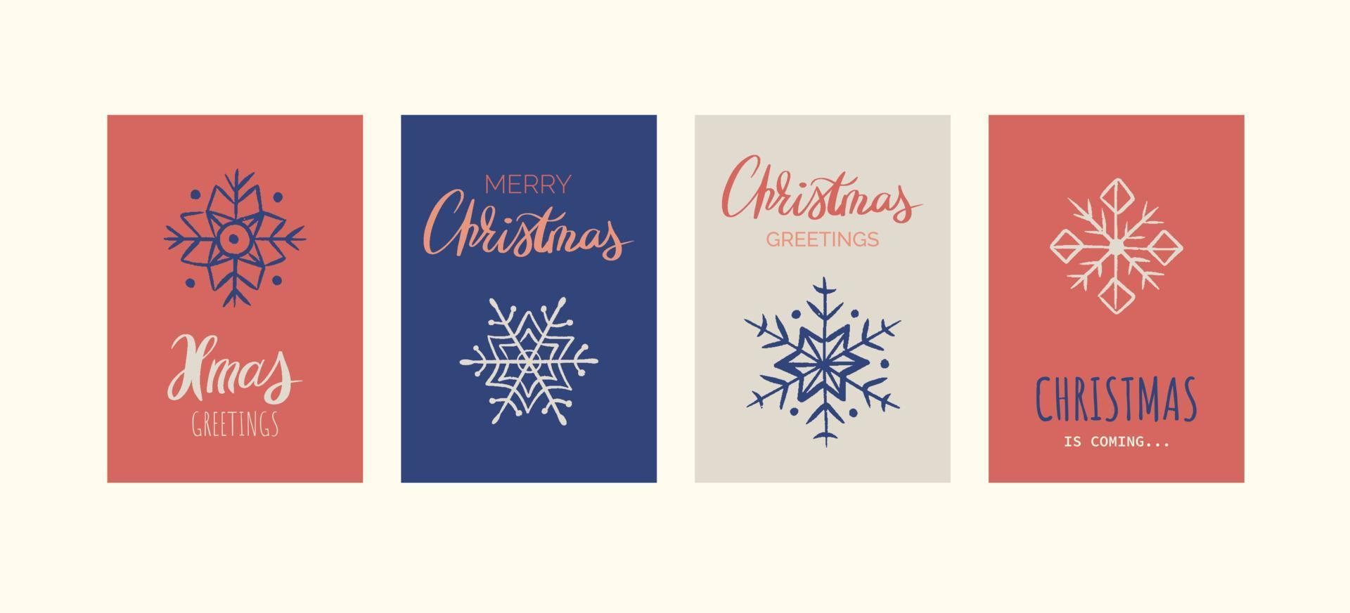Merry Christmas card with hand drawn snowflakes and lettering vector