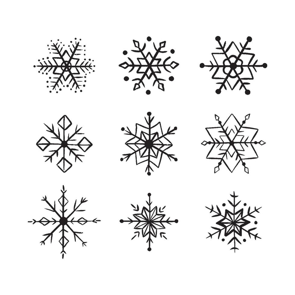 colección copos de nieve dibujados a mano aislados sobre fondo blanco. icono de garabato de copo de nieve vector