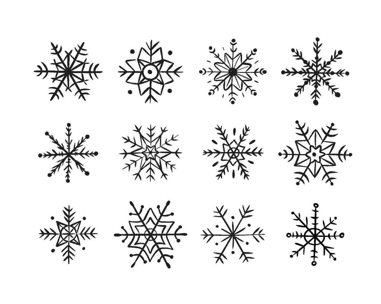 colección copos de nieve dibujados a mano aislados sobre fondo blanco. icono de garabato de copo de nieve vector