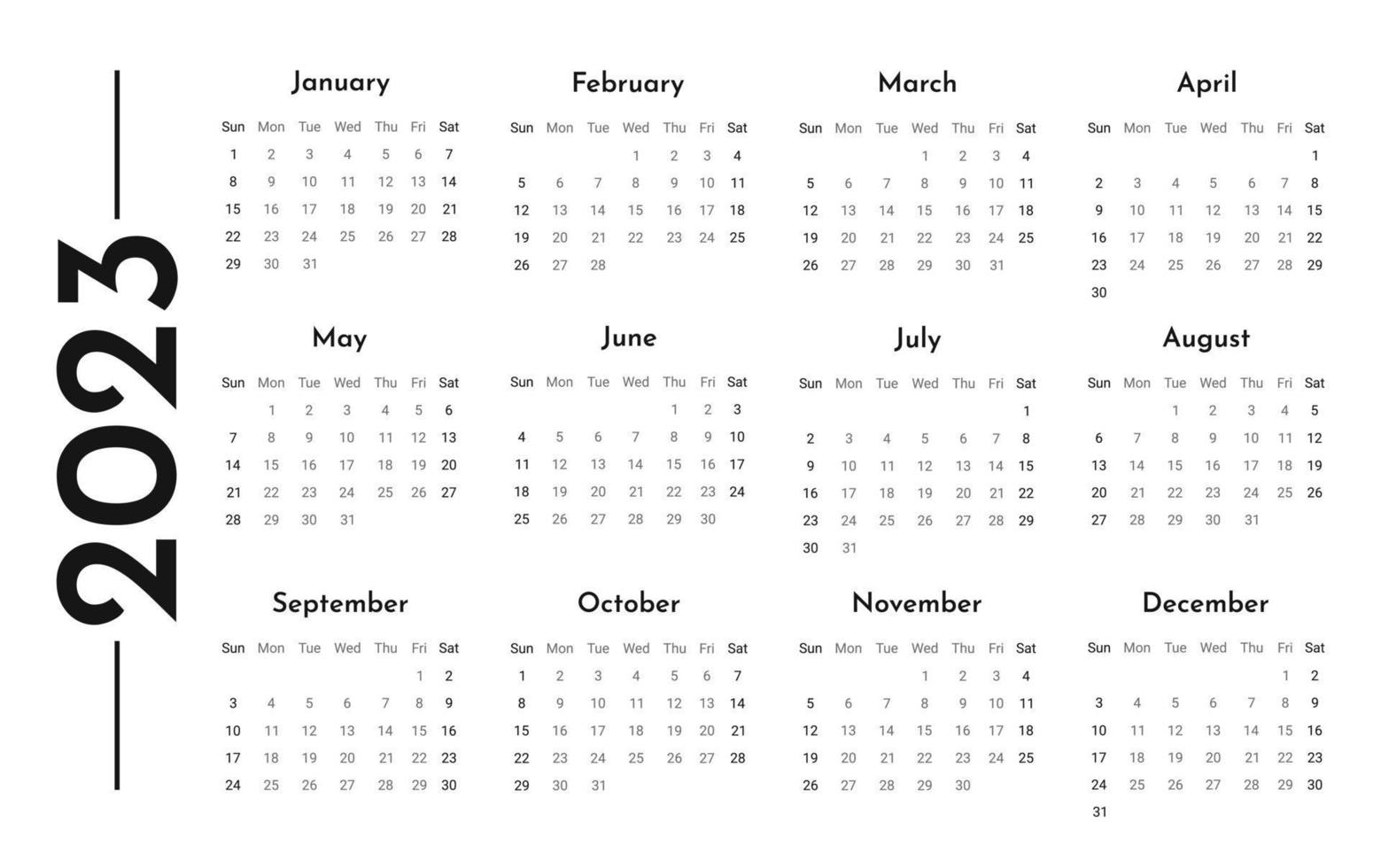 plantilla de calendario horizontal de pared mensual 2023 en estilo minimalista moderno, concepto de portada, diseño de planificador de calendario mínimo 2023 para plantilla de impresión en blanco y negro vector