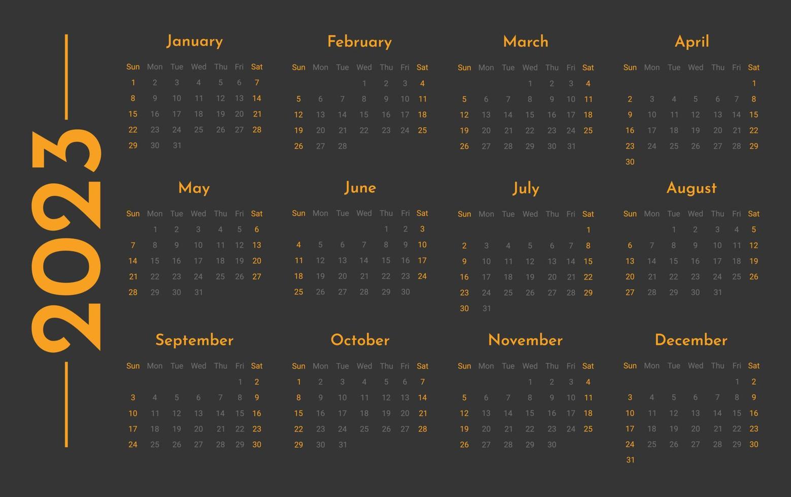 plantilla de calendario horizontal de pared mensual 2023 en estilo minimalista moderno, concepto de portada, diseño de planificador de calendario mínimo 2023 para plantilla de impresión en negro y naranja, tema negro vector