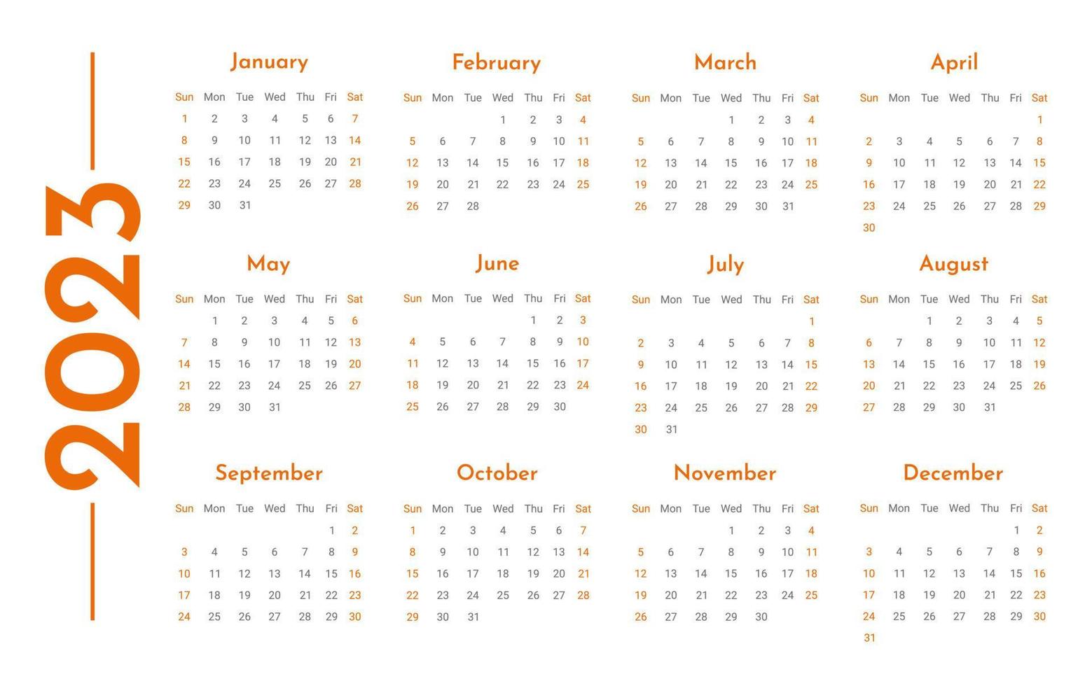 plantilla de calendario horizontal de pared mensual 2023 en estilo minimalista moderno, concepto de portada, diseño de planificador de calendario mínimo 2023 para plantilla de impresión en naranja vector