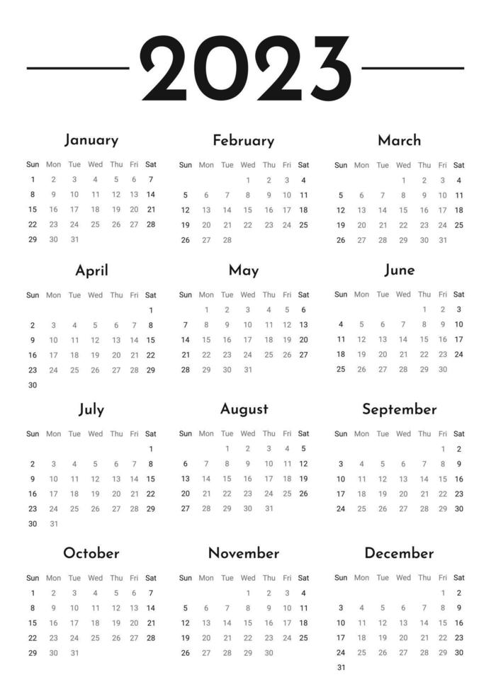 plantilla de calendario vertical de pared mensual 2023 en estilo minimalista moderno, concepto de portada, diseño de planificador de calendario mínimo 2023 para plantilla de impresión en blanco y negro vector