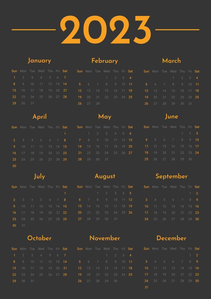 plantilla de calendario vertical de pared mensual 2023 en estilo minimalista moderno, concepto de portada, diseño de planificador de calendario mínimo 2023 para plantilla de impresión en negro y naranja, tema negro vector